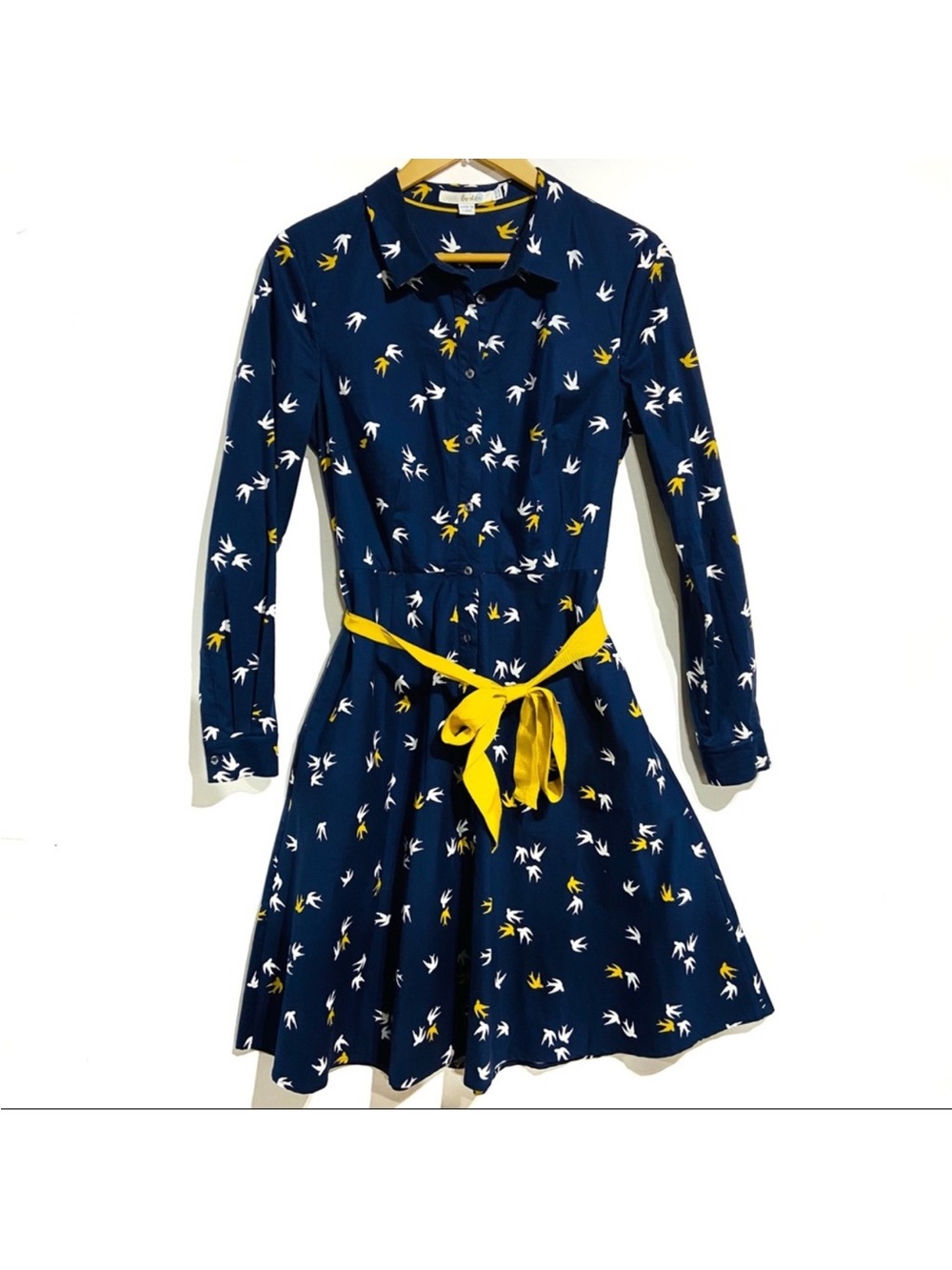 Boden Navy Blue Shirt Dress with Yellow Belt and Bird Print